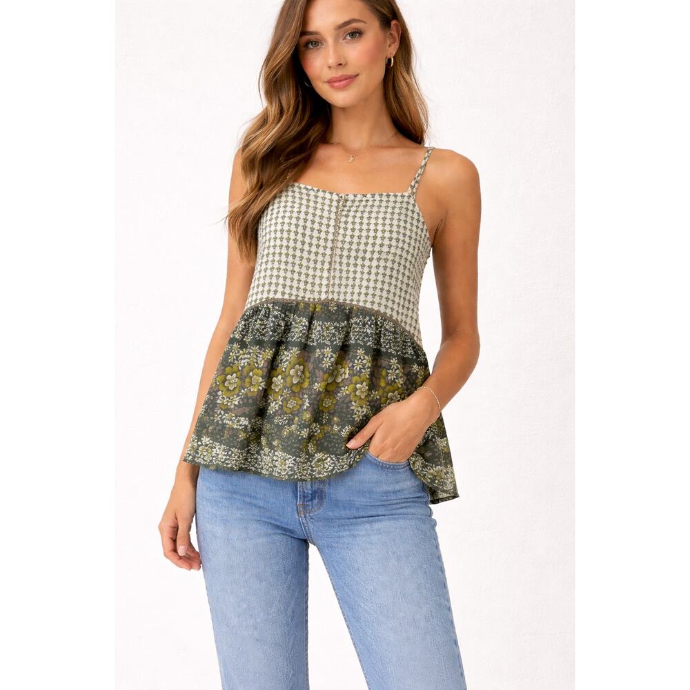 Anthropologie mixed print green floral tank Small